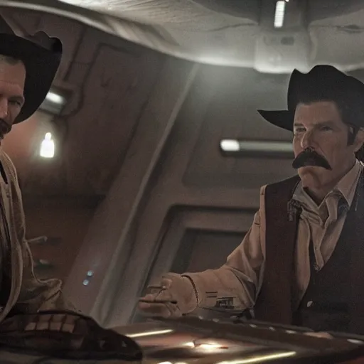 Prompt: wyatt earp and doc holliday having a duel on the deck of a spaceship from the movie interstellar, high detail