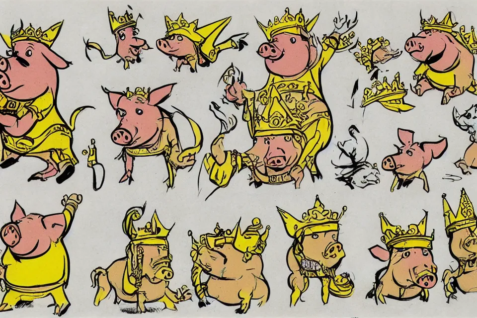 Image similar to concept sketches of a pig wearing a gold crown by Bill Watterson, in the style of 1970s cartoons