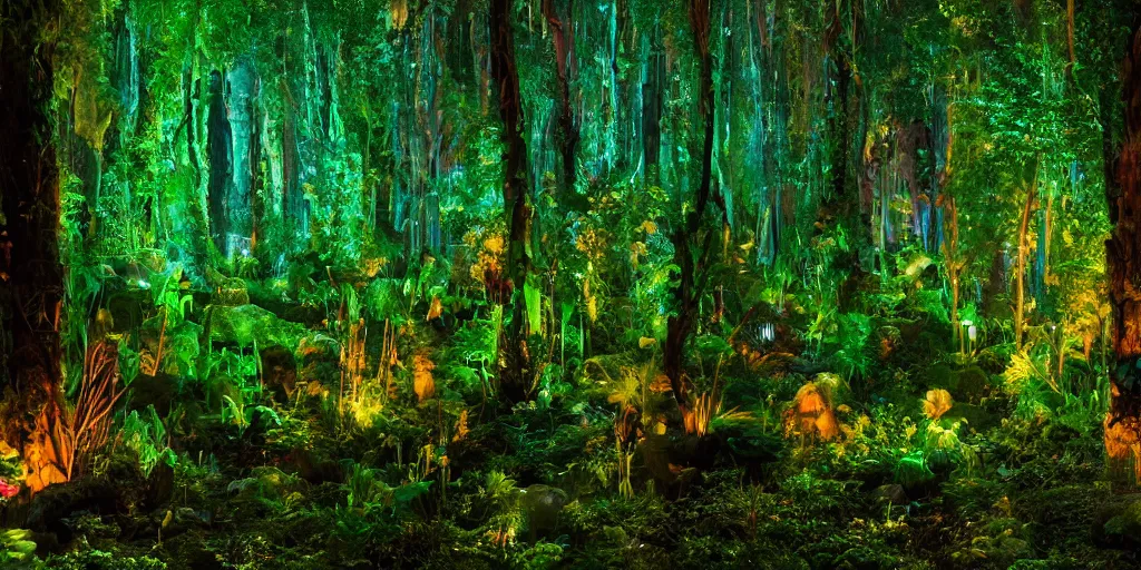 Prompt: scene still of avatar variety soft bioluminescent forest at night. 4 k cinematic cg weta weta weta lut balanced perfect lighting colorgraded