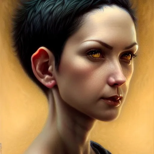 Image similar to portrait of a beautiful cute muscular charming realistic female gnome engineer, undercut black hair pixie cut, d & d, micro detail, intricate, elegant, highly detailed, centered, rule of thirds, artstation, sharp focus, illustration, artgerm, tomasz alen kopera, donato giancola, wlop