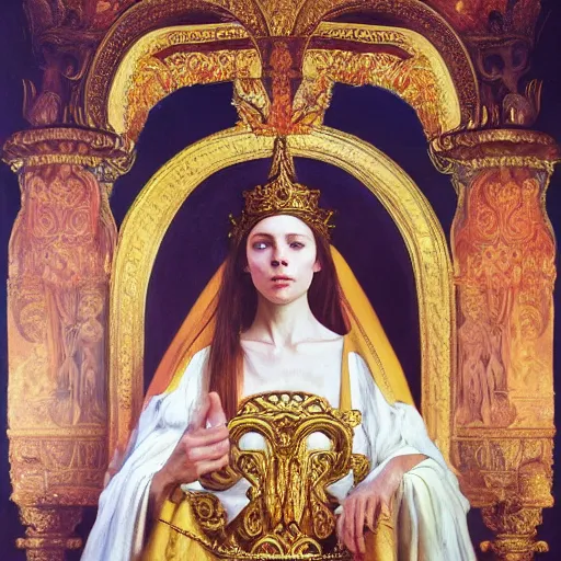 Prompt: Realistic painting of beautiful priestess woman in detailed costume, sitting on a throne in a throne roome in a palace dramatic lighting, high-detailed oil painting by Ilya Repin, William Blake, Michelangelo da Caravaggio, Alex Grey and Beksinski, masterpiece, 4k