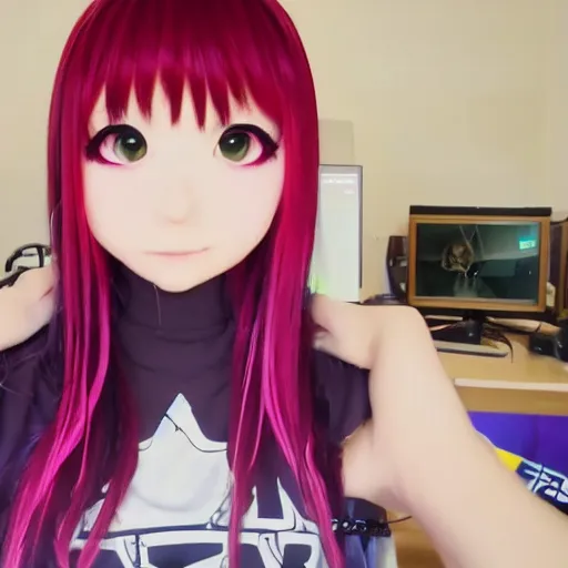 Image similar to codemiko is doing her stream on twitch and smirking at the camera,