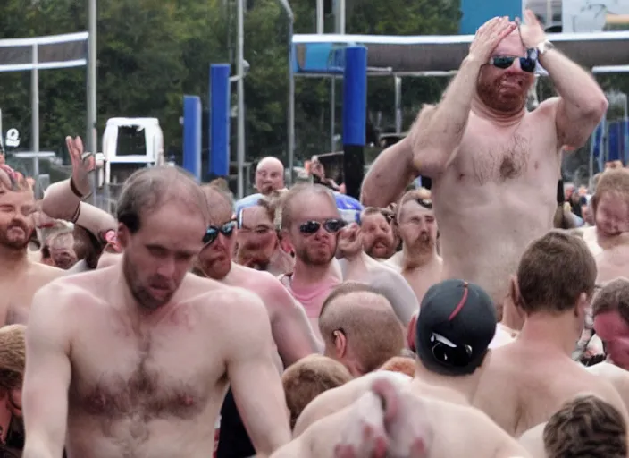 Prompt: shirtless boris jhonson running marathon hairy hands in air