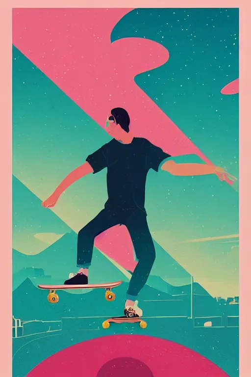 Image similar to a man riding a skateboard on top of a pink surface, poster art by victo ngai, ori toor, kilian eng behance contest winner, crystal cubism, poster art, cubism, tarot card, psychedelic art, concert poster, poster art, maximalist