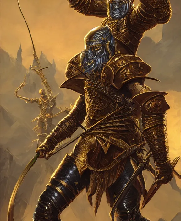 Image similar to final boss archer, fantasy, man, gilded shiny armour, contrast, highly detailed, digital painting, artstation, concept art, wallpaper, smooth, sharp focus, illustration, illumination, art by larry elmore, jeff easley, clyde waldwell, keith parkinson, daniel r horne