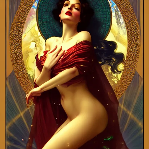 Prompt: of a sensual female tarot card empress, dark fantasy, medium shot, intricate, ornate, elegant, highly detailed, digital painting, volumetric light, artstation, concept art, smooth, sharp focus, illustration, art by Gil Elvgren and Greg Rutkowski and Alphonse Mucha