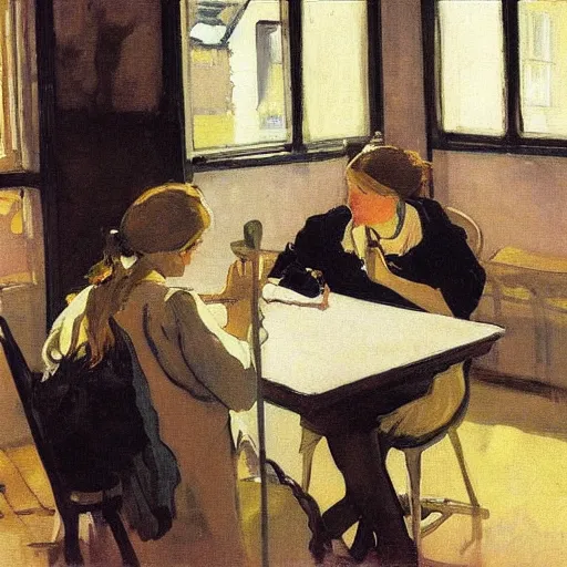 Prompt: a girl with phones sits at a table in a sunny room, the window is open, by valentin serov