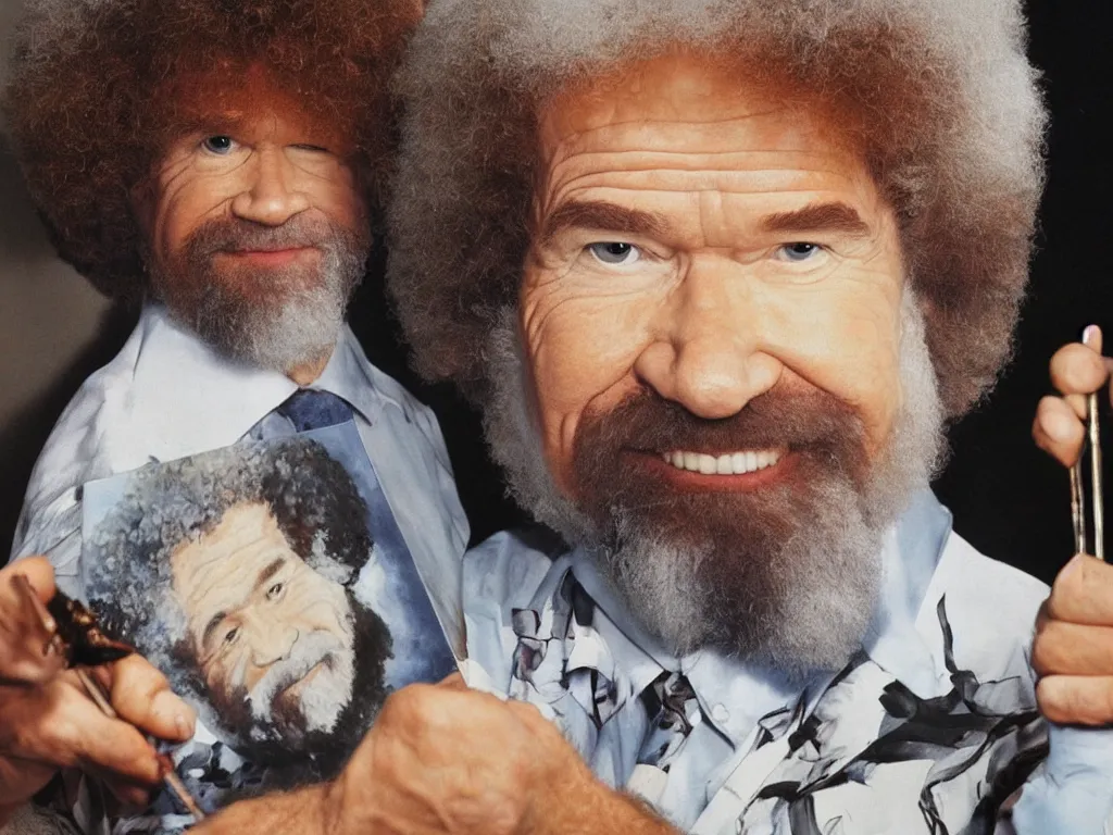 Prompt: Bob Ross painting a portrait of Bob Ross painting a portrait of Bob Ross, infinite recursion