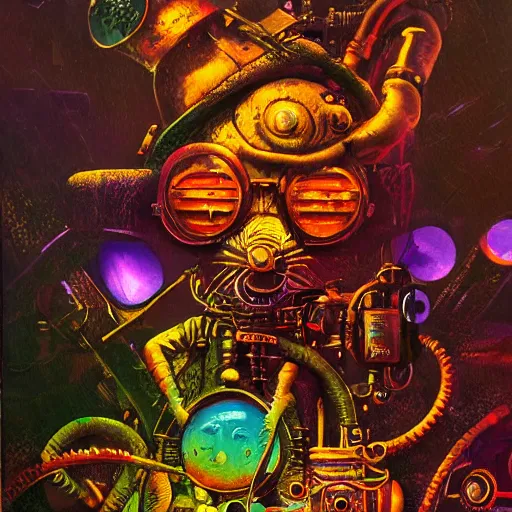 Image similar to steampunk rat, acid, 303, psychedelic, by paul lehr