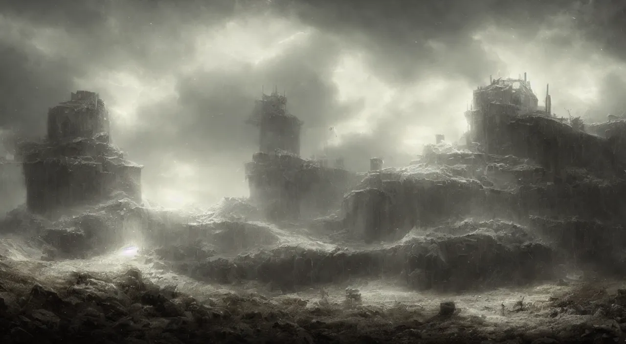 Image similar to abandoned fortress melancholy tundra. andreas achenbach, artgerm, mikko lagerstedt, zack snyder, tokujin yoshioka