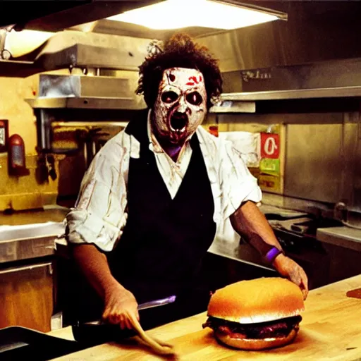 Image similar to leatherface making burger patties in a burger joint kitchen