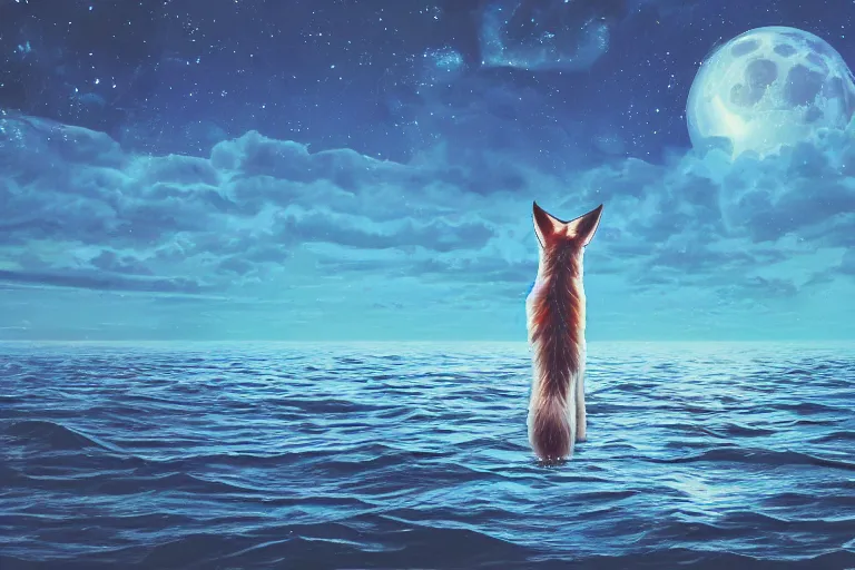 Image similar to close shot of human with fox ears standing in the middle of the ocean, digital art, acrylic, detailed, glows, moonlight,