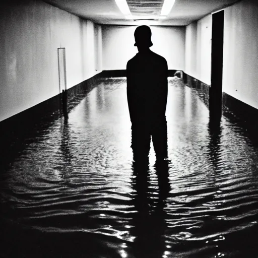 Prompt: a flooded creepy empty basement hallway with a creature standing in the dark, shaky, film grain, craigslist photo