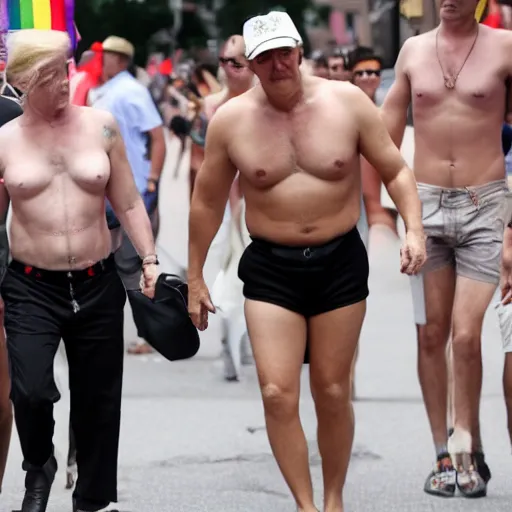 Prompt: Shirtless trump walking around at gaypride