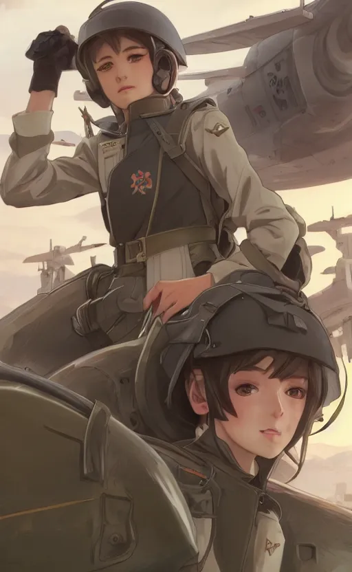 Prompt: panoramic view, a pilot girl, soldier clothing, battlefield in background, anime style, hair down, symmetrical facial features, realistic hands, from arknights, hyper realistic, 4 k, extreme detail, d & d, trending artstation, safebooru, realistic lighting, by alphonse mucha, greg rutkowski, sharp focus