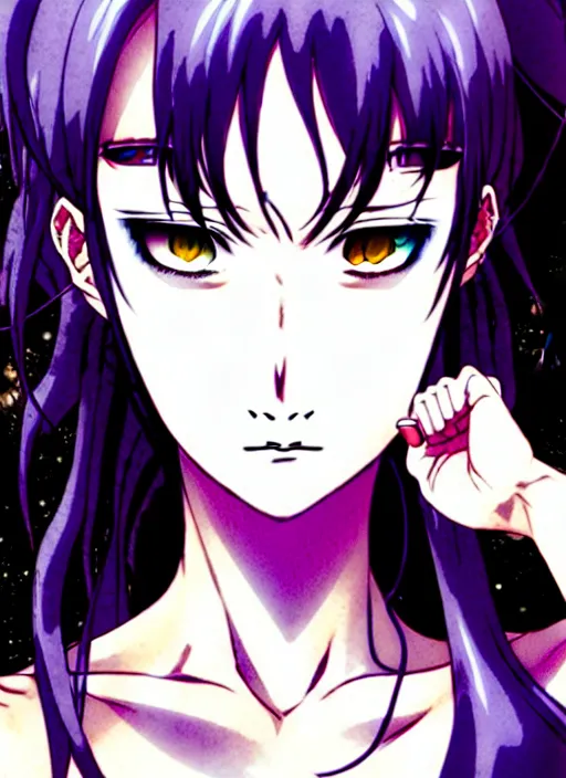 Image similar to style of madhouse studio anime, rei hiroe black lagoon manga, loish, artgerm, joshua middleton comic art, portrait of revy from black lagoon, purple hair, symmetrical eyes and symmetrical face, jean shorts, white tank top, sarcastic evil smirk on face, natural lighting, sky and ocean background