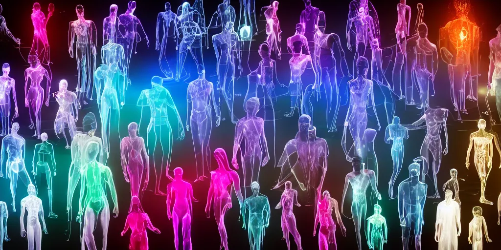 Image similar to diverse groups of humans with glowing electronic body implants projecting amazing 3D graphics, from behind, rebirth, beauty, wide angle, elaborate, wet, highly detailed, colors, beautiful lighting