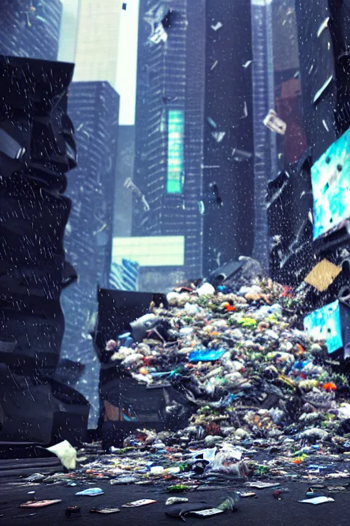 Image similar to trash falling from the sky, cyberpunk