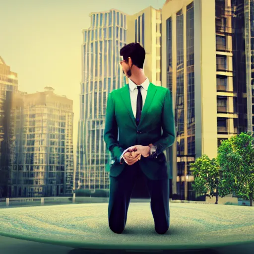 Prompt: a man with an elegant green suit, photography, 3 d render, at night, buildings, dinosaur, sand