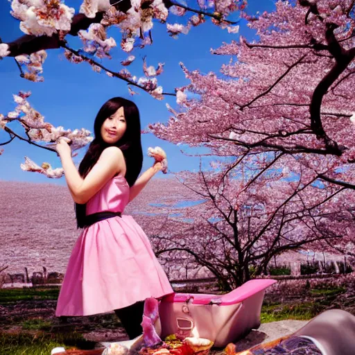 Prompt: tifa lockheart, picnic, cherry blossom season, clear beautiful sky, overlooking a lake, cherry blossom petal lightly falling, breezy