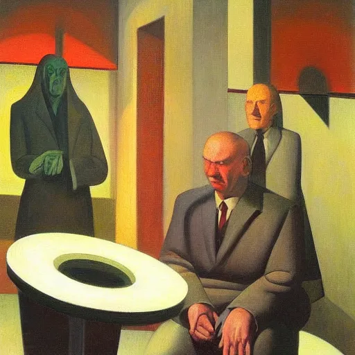 Prompt: three brutalist seers watchers oracles soothsayers portrait, pj crook, grant wood, edward hopper, syd mead, oil on canvas