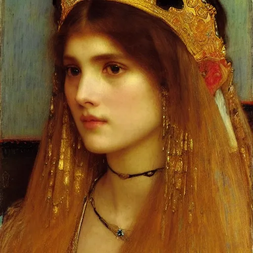 Prompt: orientalist portrait of a sad princess wearing a golden tiara intricate portrait by john william waterhouse Edwin Longsden Long and Theodore Ralli and Henryk Siemiradzki, very coherent symmetrical artwork. Cinematic, hyper realism, high detail 8k