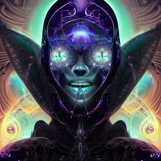 Prompt: a portrait of gemini light and dark neon cloaked grim reaper character portrait made of fractals facing each other, ultra realistic, wide angle, intricate details, the fifth element artifacts, highly detailed by peter mohrbacher, hajime sorayama, wayne barlowe, boris vallejo, aaron horkey, gaston bussiere, craig mullins