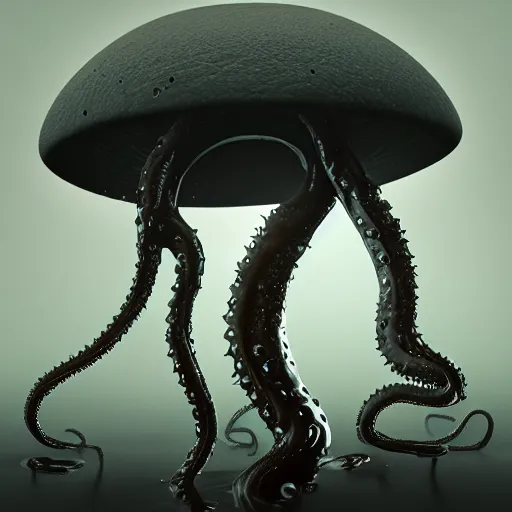 Image similar to an alien mushroom with tentacles, oozing black goo, melty, drippy, unreal engine