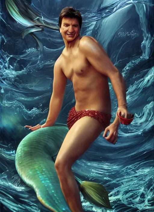 Image similar to full length photo of Nathan Fillion as a mermaid in the style of stefan kostic, full slim body, screaming. not realistic, sharp focus, 8k high definition, insanely detailed, intricate, elegant, art by stanley lau and artgerm