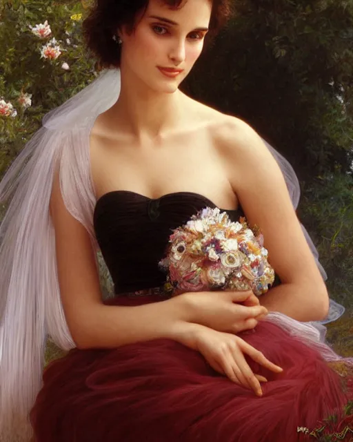 Image similar to realistic oil painting of young 1 8 - year old winona ryder or natalie portman wearing an iridescent wedding dress covered in pearls, highly detailed, intricate,, elegant, digital painting, smooth, sharp focus, illustration, ultra realistic, 8 k, by bouguereau, alphonse mucha, artgerm, and donato giancola