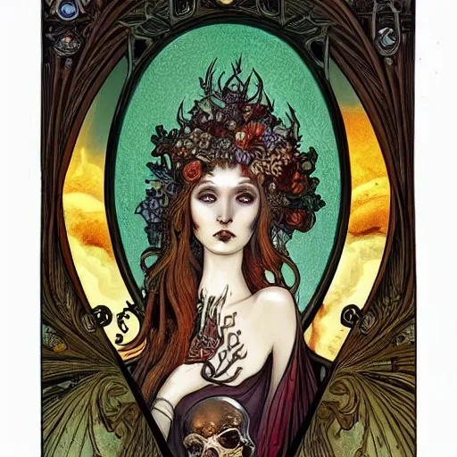 Image similar to Highly detailed ,intricate stunningly beautiful dark human ghost god broken amber in Mucha style with a skull curved ancient runs