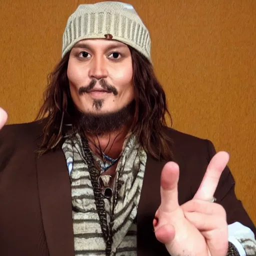 Image similar to Chubby Johnny Depp as Jesus Christ wearing a brown beanie as a YouTuber doing a Livestream