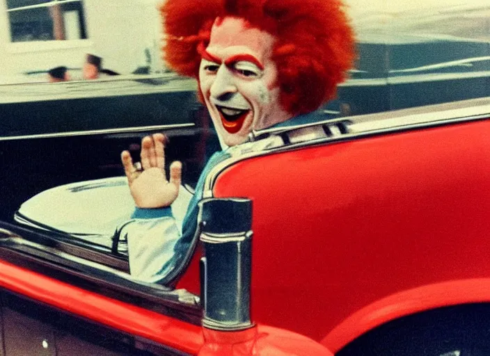 Prompt: grainy vintage color film depicting ronald mcdonald in kennedy's car at the jfk assassination, in dallas, by zapruder, by saul leiter, by norman rockwell