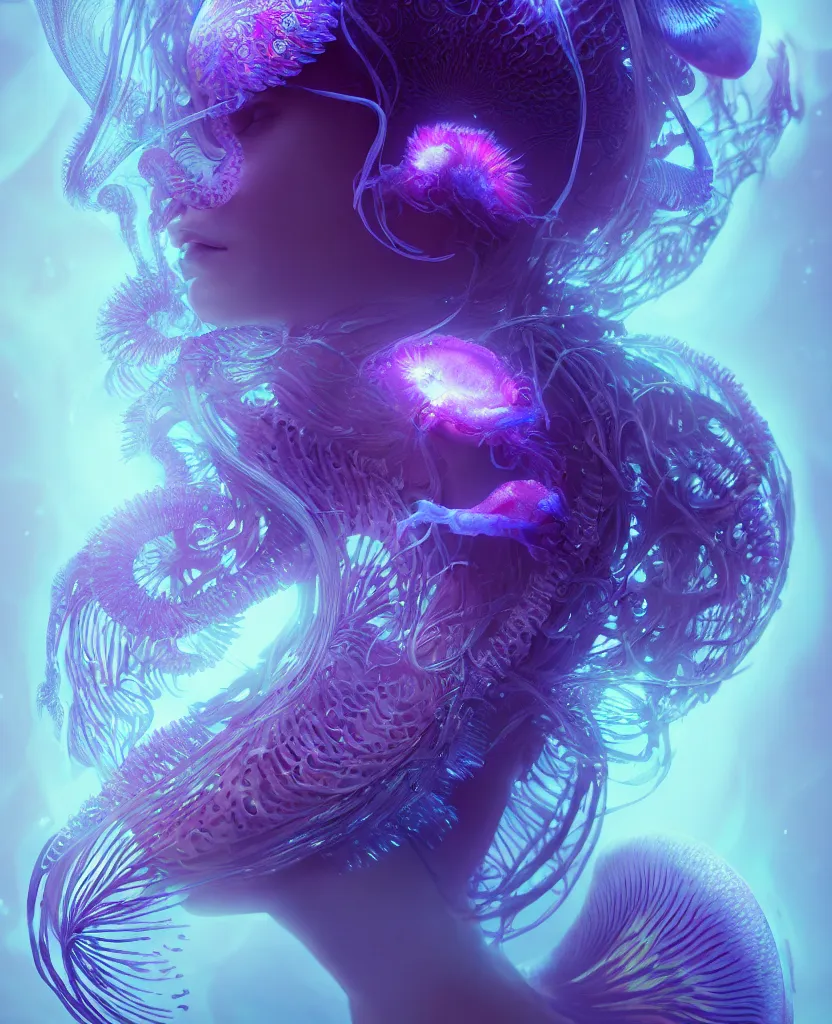 Image similar to goddess close-up portrait. orchid jellyfish phoenix head, nautilus, skull, betta fish, bioluminiscent creatures, intricate artwork by Tooth Wu and wlop and beeple. octane render, trending on artstation, greg rutkowski very coherent symmetrical artwork. cinematic, hyper realism, high detail, octane render, 8k