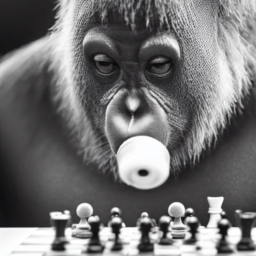 Image similar to black and white portrait photo of an orangutang eating a chess piece,