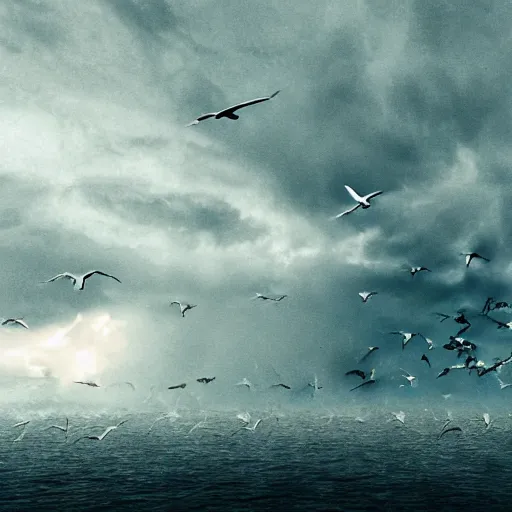 Image similar to a tornado!! made of seagulls, windy, cloudy, realistic reflections, cinematic lighting