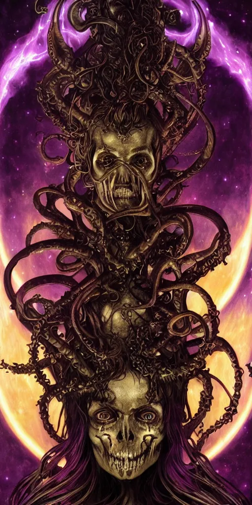 Image similar to intense glowing angry black metal pagan god with horns and tentacles and intense glowing eyes and a skull in very dark cosmic space by karol bak and artgerm and alphonse mucha, portrait, fantasy, clear, light beams, lens flare, intense, uhd, amazing depth, cinematic lighting, purple and violet and indigo and blue