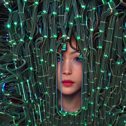 Prompt: piles of modular synth cables mixed with mangrove roots, kawaii puerto rican goddess staring through your soul wearing a headpiece made of circuit boards, by makoto shinkai, masamune, and stanley kubrick, unique perspective, eastman color, trending on artstation, cinematic, 3 d render, photorealistic