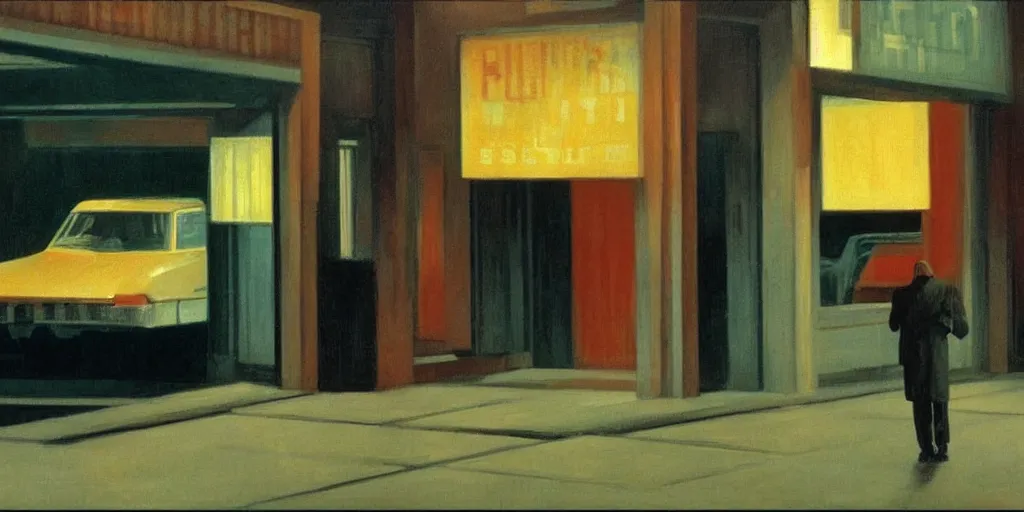 Prompt: A still from Blade Runner (1982) painted in the style of Edward Hopper