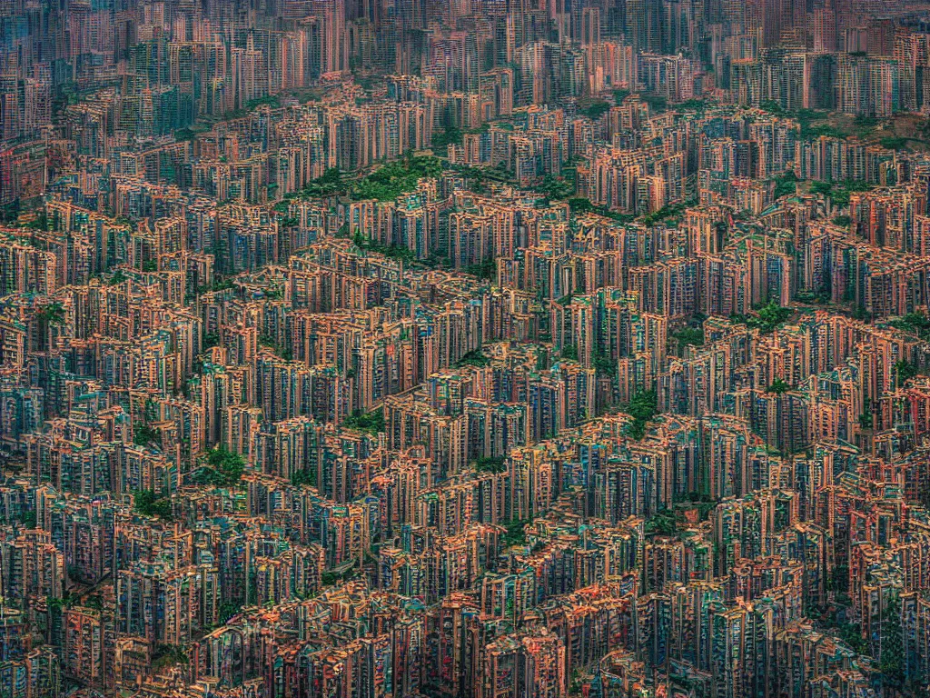 Image similar to kowloon walled city by marc adamus, 4 k, photograph, professional, hdr, color corrected, highly detailed, sharp focus