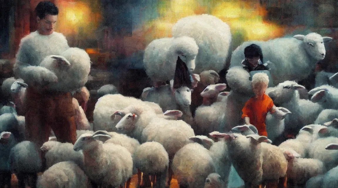 Image similar to do the androids dreams with electric sheeps, Philip K. D. ,oil painting, illustration style