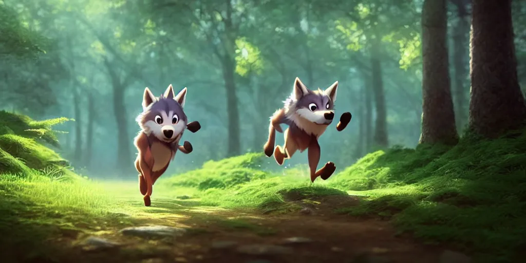 Image similar to a wholesome animation key shot of a cute wolf boy running through a forest, medium shot, waist up, studio ghibli, pixar and disney animation, sharp, rendered in unreal engine 5, anime key art by greg rutkowski, bloom, dramatic lighting