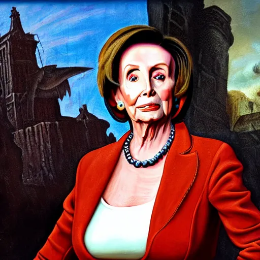 Prompt: painting of nancy pelosi standing in front of 1 6 th century backdrop. she looks like vigo the carpathian wearing armor. patina on armor. she ominously stares forward. she looks like a brutal warlord. hand on hip, arm resting on large stone. sepia toned. dramatic lighting. painting by lou police for ghostbusters 2.