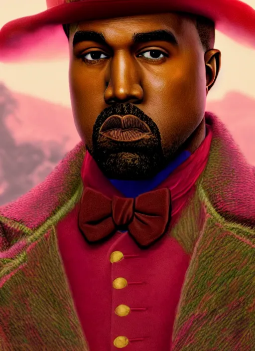 Prompt: portrait kanye west as willy wonka in red dead redemption 2, splash art, movie still, cinematic lighting, ray tracing, octane render, long lens, shallow depth of field, bokeh, anamorphic lens flare, 8 k, hyper detailed, 3 5 mm film grain