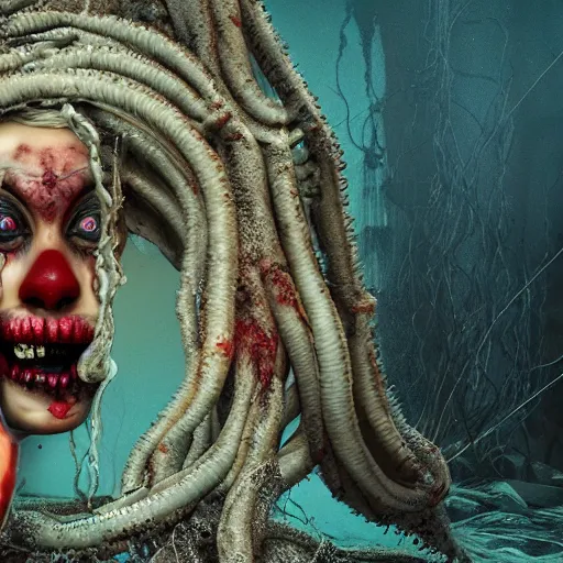 Image similar to beautiful, terrifying, demonic, clown, zombie, female with the body of a goddess, parasitic tentacles, in a underwater horror scene, cinematic lighting, ultra detail, photo realistic, 4k, octane render