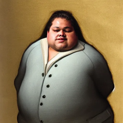 Image similar to highly detailed portrait of a grossly obese man who is shaped like a pear artstation, 8 k, sfx, john singer sargent.