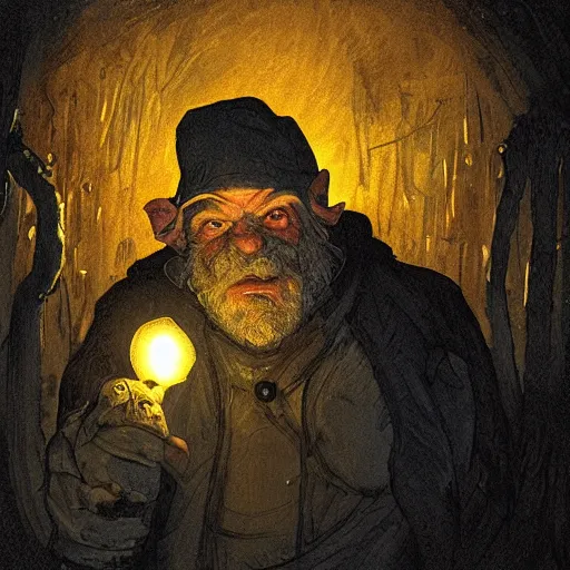 Prompt: an angry, grimy, dirty, grumpy [ old ], miner elf ( with red hat and a glowing latern ) in a pitch black mine, looks into the camera. angry kubrick stare, low key lighting, high contrast, faux painting, fairy tale illustration, character concept art by ivan bilibin, gustave dore and marc simonetti