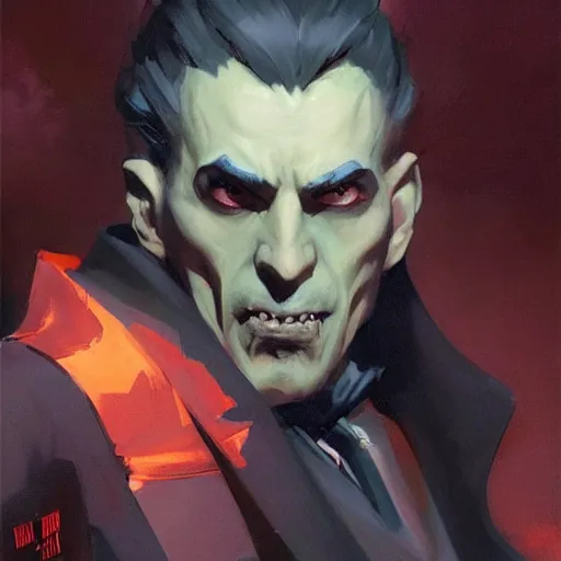 Prompt: greg manchess painting of dracula as an overwatch character, profile picture, matte painting, bold shapes, hard edges, street art, trending on artstation, by huang guangjian and gil elvgren and sachin teng