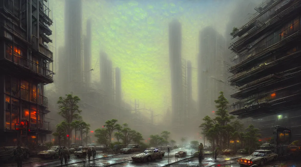 Prompt: post apocalyptic last day of humanity, building, avenue, urban architecture, americana architecture, concrete architecture, paved roads, by thomas kinkade trending on artstation, photorealistic, wild vegetation, utopian, futuristic, blade runner