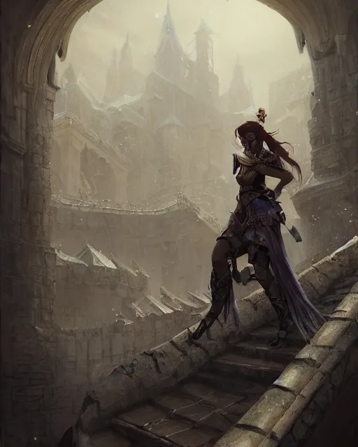 Prompt: A beautiful warrior walking up the castle stairs, beautiful face, highly detailed face, close-up, fantasy art, female art, in the style of greg rutkowski, illustration, epic, fantasy, intricate, hyper detailed, artstation, concept art, smooth, sharp focus, ray tracing